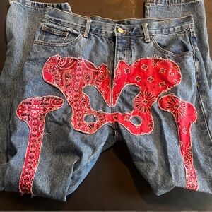 Red bandanna, jeans with a unique design #y2k #90s #skater